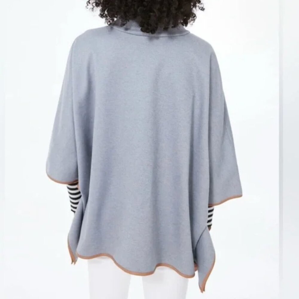 TUCKERNUCK Womens Slate Blue Leather Trim Funnel Neck Piper Poncho Gray One Size - Picture 4 of 6